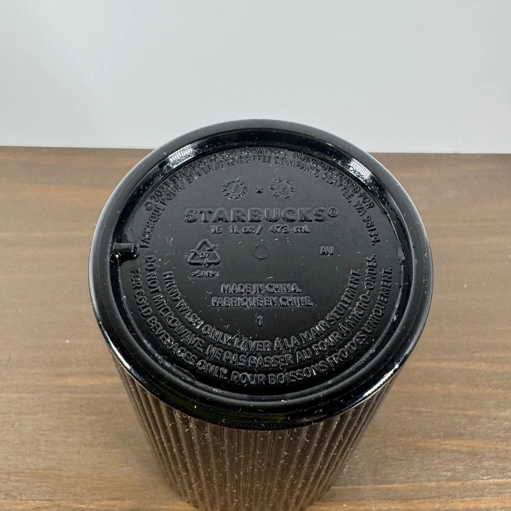 Starbucks Black Pleated Tumbler 16oz Cold Cup Grande Matte Lid Straw Coffee 2024